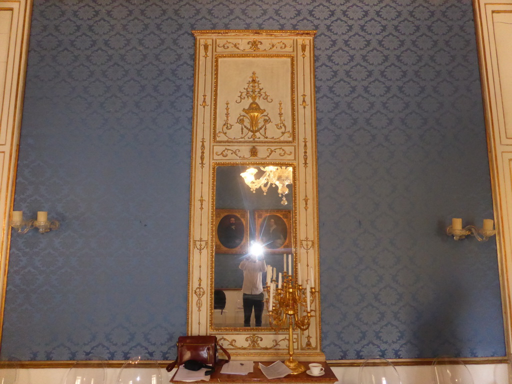 Tim and paintings reflected in a mirror at the Hall of Amore and Psyche at the Palazzo Borgia del Casale palace
