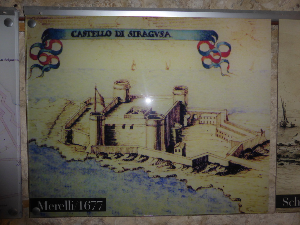Drawing from 1677 of the Castello Maniace castle, at an exhibition room at the Castello Maniace castle