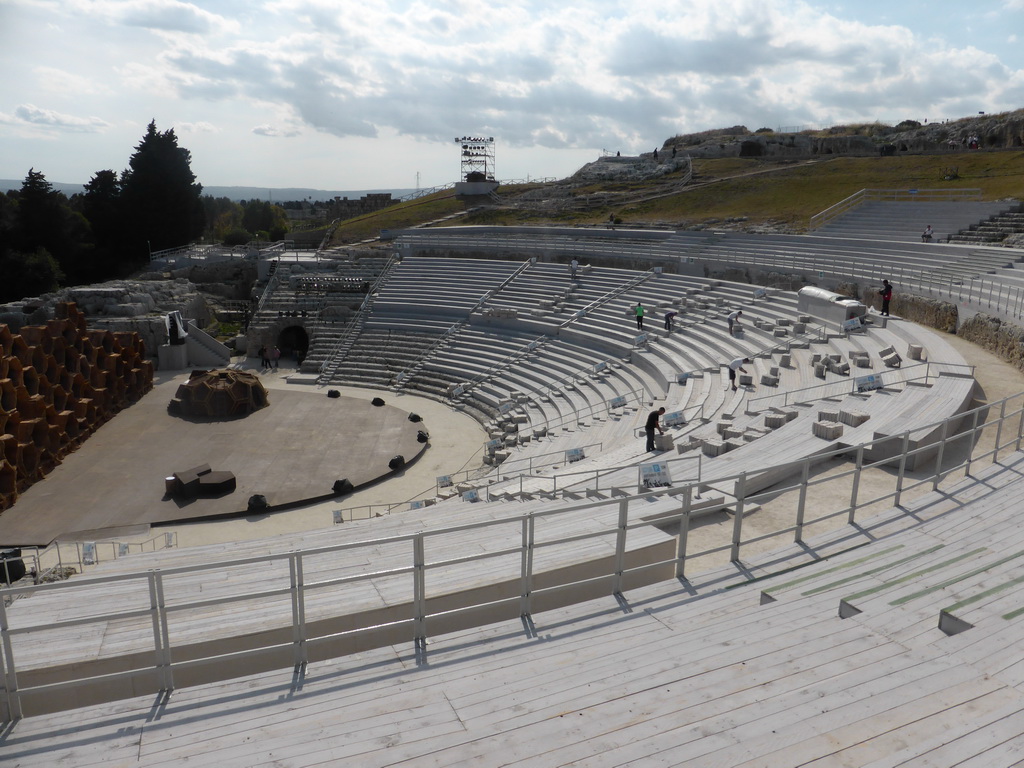 The Greek Theatre at the Parco Archeologico della Neapolis park, with the stage being prepared for the play `The Wasps` by Aristophanes