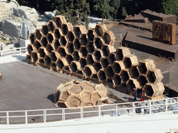 Stage at the Greek Theatre at the Parco Archeologico della Neapolis park, being prepared for the play `The Wasps` by Aristophanes, viewed from the Nymphaeum