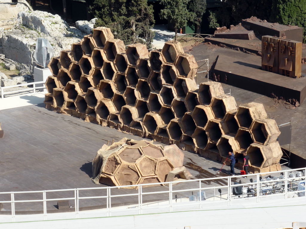 Stage at the Greek Theatre at the Parco Archeologico della Neapolis park, being prepared for the play `The Wasps` by Aristophanes, viewed from the Nymphaeum