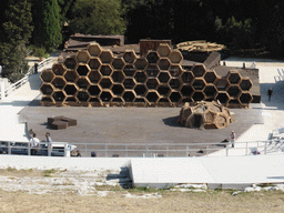 Stage at the Greek Theatre at the Parco Archeologico della Neapolis park, being prepared for the play `The Wasps` by Aristophanes, viewed from the Nymphaeum