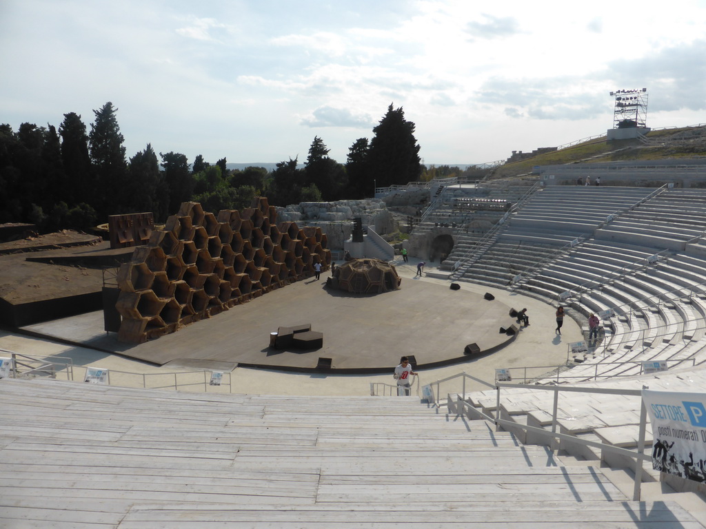 The Greek Theatre at the Parco Archeologico della Neapolis park, with the stage being prepared for the play `The Wasps` by Aristophanes