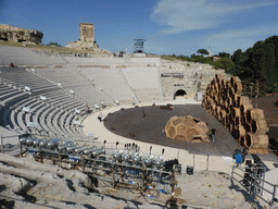 The Greek Theatre at the Parco Archeologico della Neapolis park, with the stage being prepared for the play `The Wasps` by Aristophanes