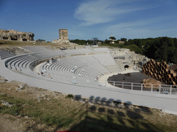 The Greek Theatre at the Parco Archeologico della Neapolis park, with the stage being prepared for the play `The Wasps` by Aristophanes