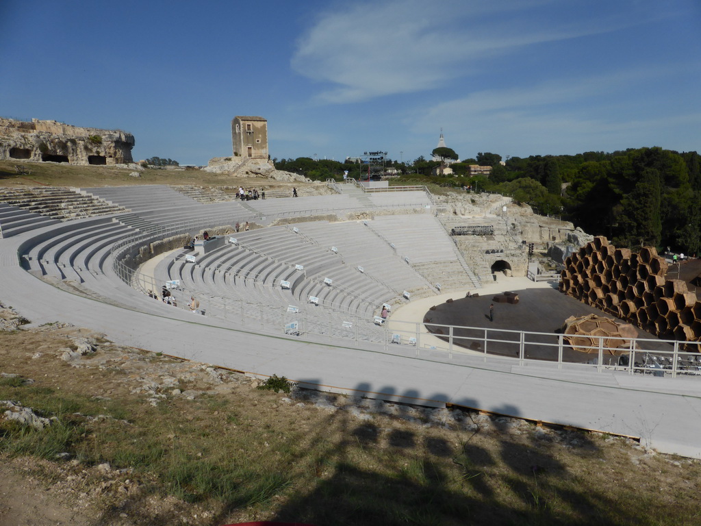 The Greek Theatre at the Parco Archeologico della Neapolis park, with the stage being prepared for the play `The Wasps` by Aristophanes