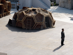 Actor at the stage at the Greek Theatre at the Parco Archeologico della Neapolis park, practicing for the play `The Wasps` by Aristophanes