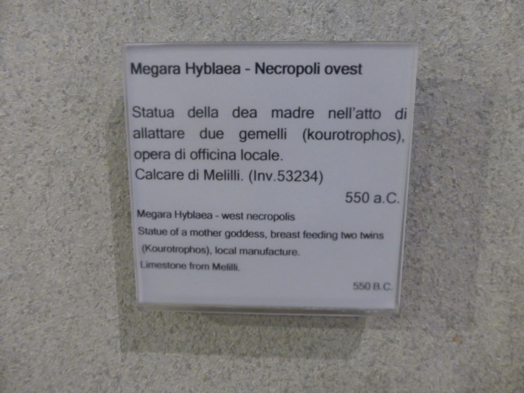 Information on the statue of a mother goddess from the Megara Hyblaea necropolis, at the ground floor of the Paolo Orsi Archaeological Museum