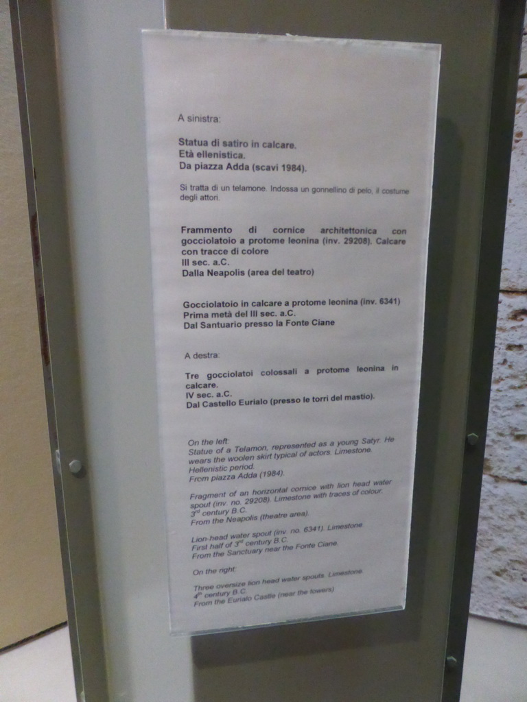 Explanation on the Telamon statue and the lion-head water spouts, at the upper floor of the Paolo Orsi Archaeological Museum