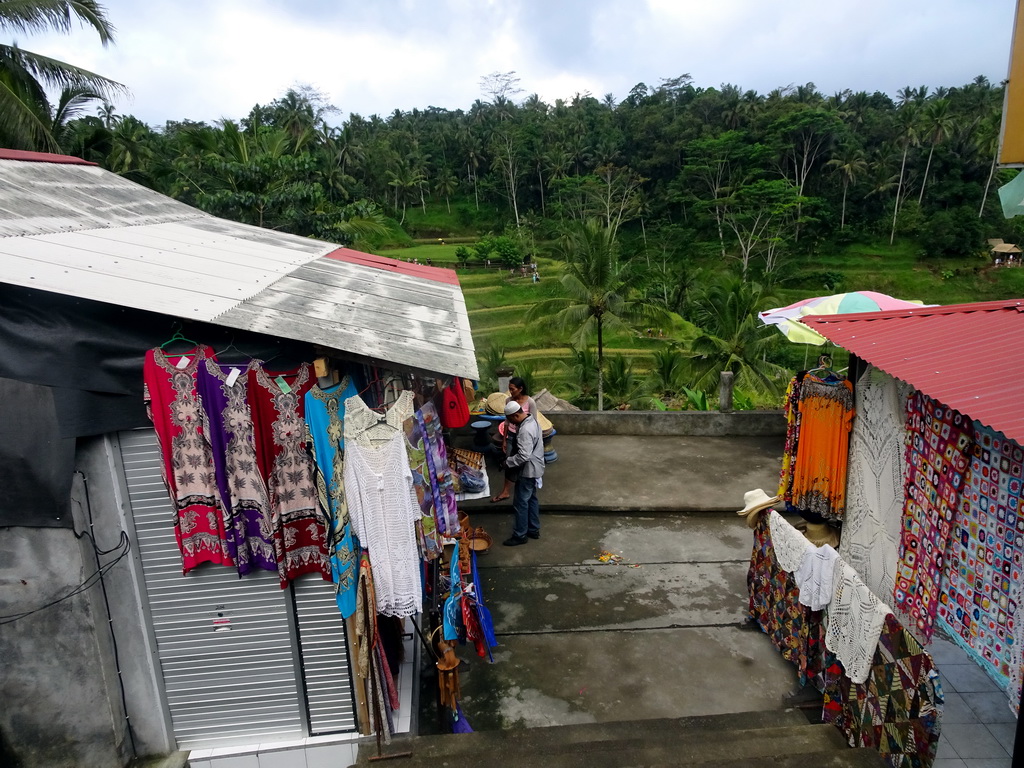 Souvenir shops and the center part of the Tegalalang rice terraces, viewed from the Jalan Raya Tegalalang street