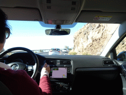 Miaomiao driving the rental car on the TF-21 road on the southwest side of the Teide National Park