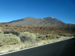 The Pico Vieje peak and Mount Teide, viewed from the rental car on the TF-21 road on the southwest side of the Teide National Park