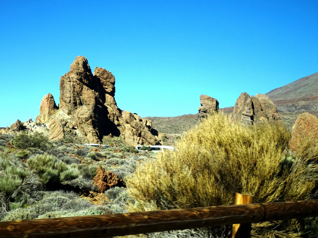 The Roques de García rocks, viewed from the rental car on the TF-21 road on the south side of the Teide National Park
