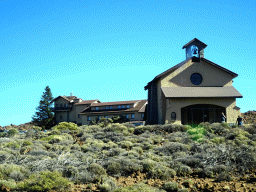 The Ermita de las Nieves church and the Cafe & Bar Los Roques, viewed from the rental car on the TF-21 road on the south side of the Teide National Park