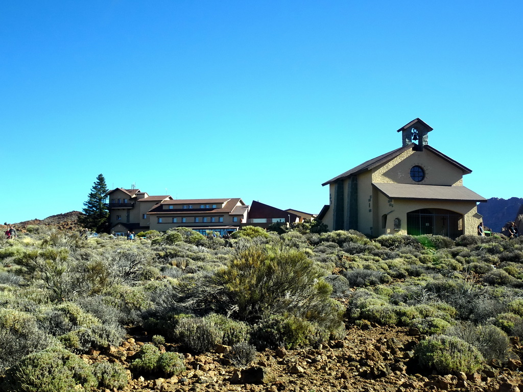 The Ermita de las Nieves church and the Cafe & Bar Los Roques, viewed from the rental car on the TF-21 road on the south side of the Teide National Park