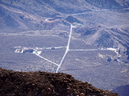 The TF-21 road, the Roques de García rocks, the Ermita de las Nieves church and the Cafe & Bar Los Roques, viewed from the La Rambleta viewpoint