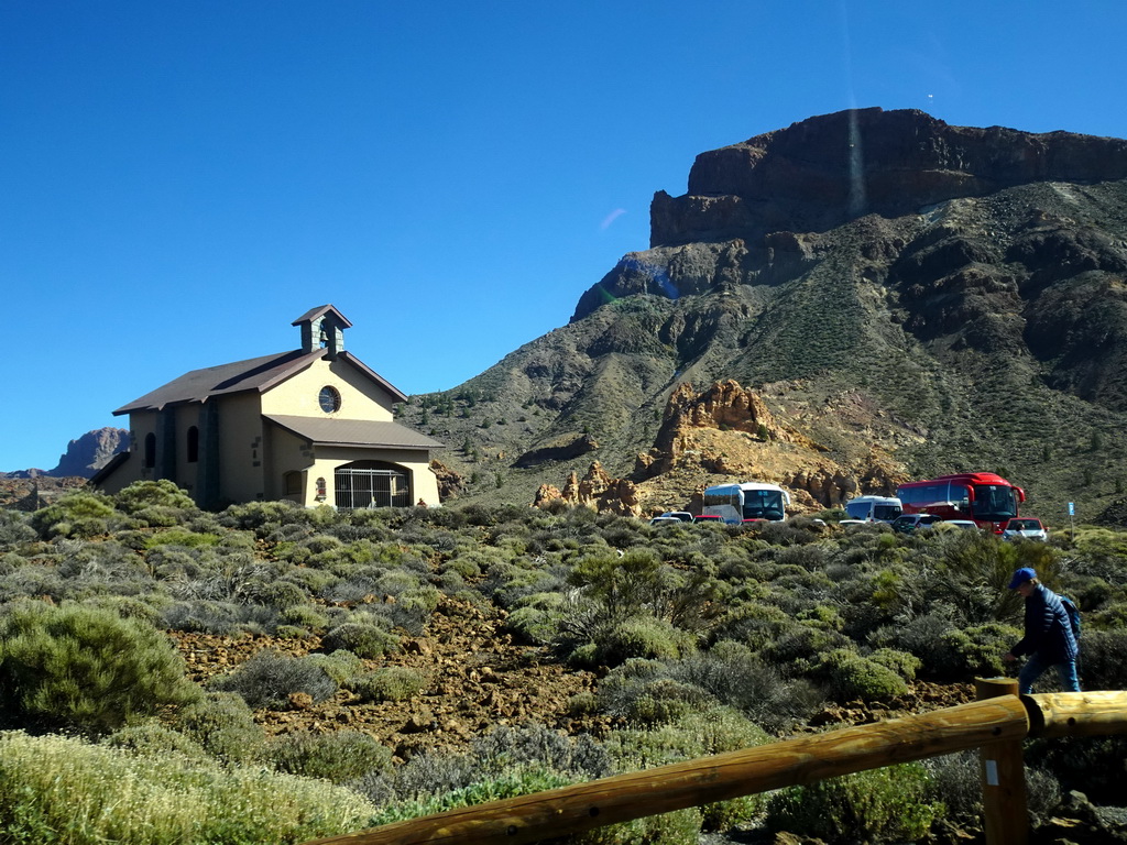 The Ermita de las Nieves church and rocks at the south side of the Cañadas del Teide crater, viewed from the rental car on the TF-21 road