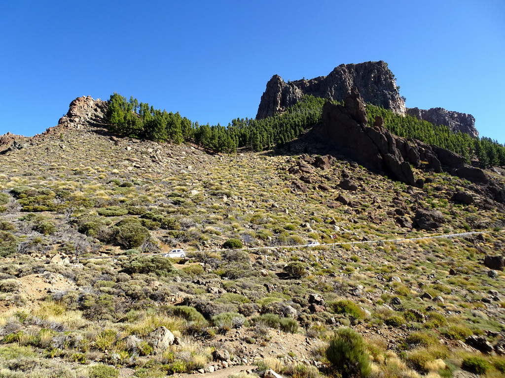 Hills, rocks and trees on the southwest side of the Teide National Park, viewed from the parking lot of the Ethnographic Museum Juan Évora