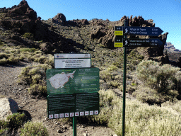 Map and signs of walking routes at Mount Teide, at the parking lot of the Ethnographic Museum Juan Évora