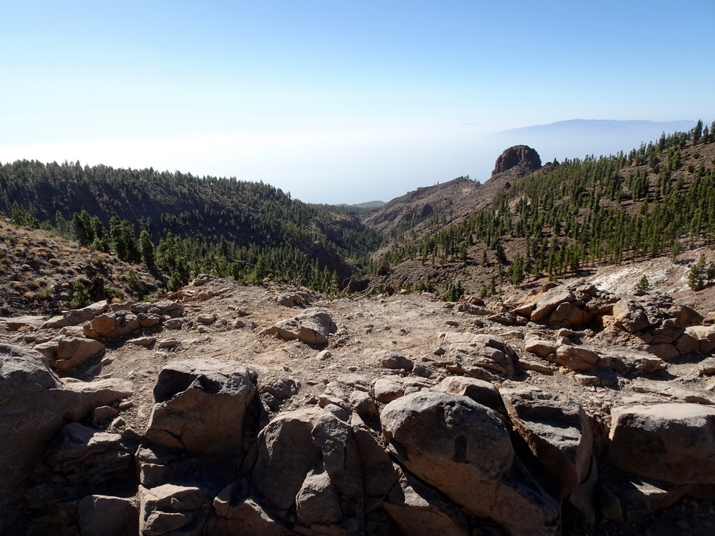 Hills, rocks and trees on the southwest side of the Teide National Park, viewed from a parking place along the TF-21 road