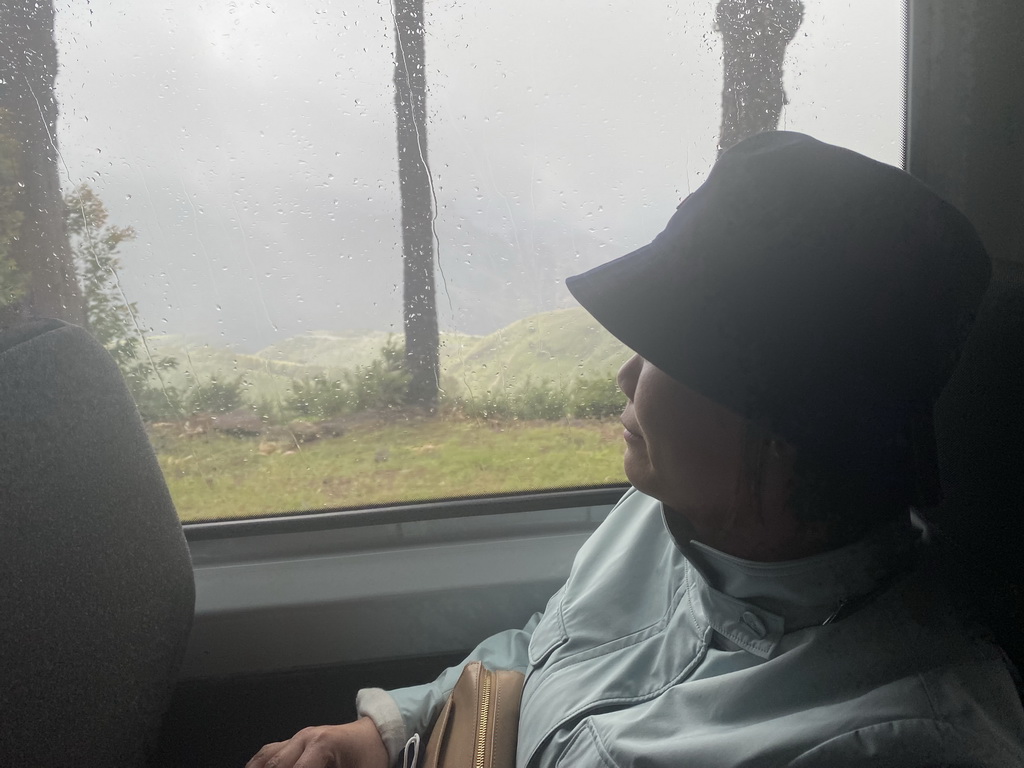 Miaomiao in the tour bus on the GC-15 road, with a view on hills near the town of Cruz de Tejeda