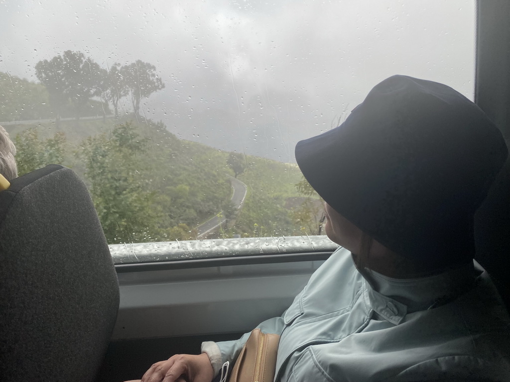 Miaomiao in the tour bus on the GC-15 road, with a view on hills near the town of Cruz de Tejeda