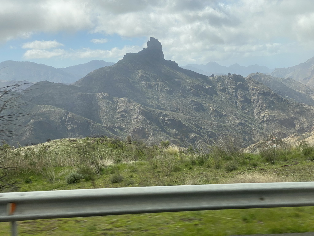 The Roque Bentayga rock, viewed from the tour bus on the GC-15 road