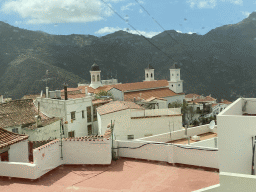 The town center with the Parroquia de Nuestra Señora del Socorro church, viewed from the tour bus on the GC-60 road