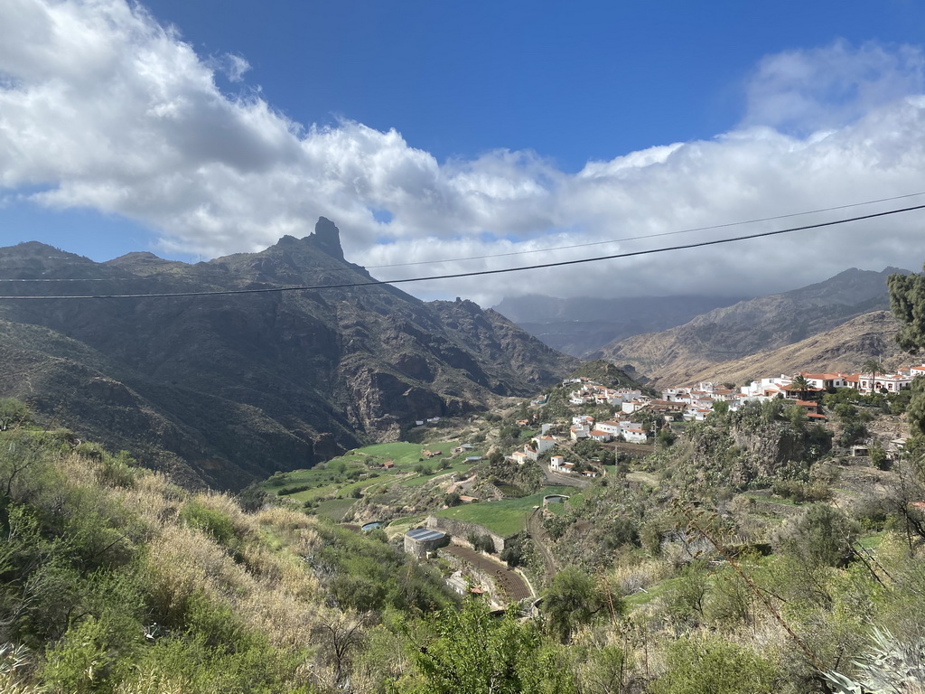 The Roque Bentayga rock and the west side of the town, viewed from the Calle Dr. Domingo Hernández Guerra street