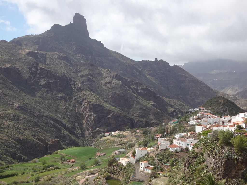 The Roque Bentayga rock and the west side of the town, viewed from the Calle Dr. Domingo Hernández Guerra street