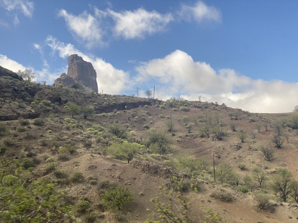The Roque Bentayga rock, viewed from the tour bus on the GC-60 road