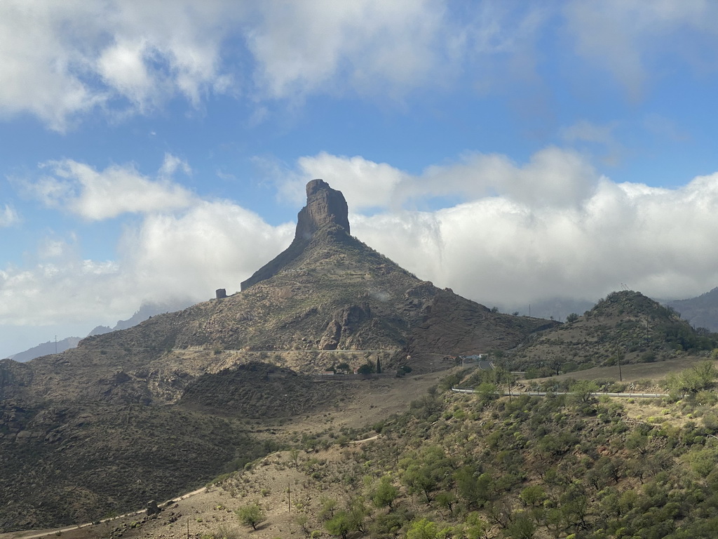 The Roque Nublo rock, viewed from the tour bus on the GC-60 road