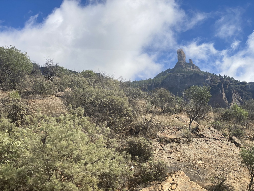 The Roque Nublo rock, viewed from the tour bus on the GC-60 road