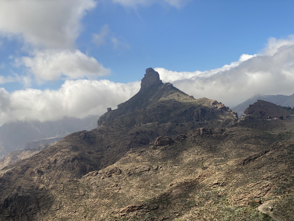 The Roque Nublo rock, viewed from the tour bus on the GC-60 road