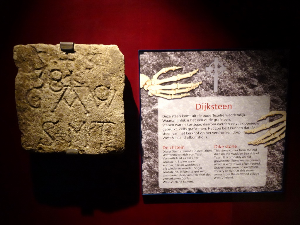 Dike stone at the Temporary Exhibition room at the Ecomare seal sanctuary at De Koog, with explanation