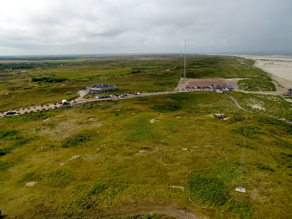 The beach, dunes and the parking lot of the Lighthouse Texel at De Cocksdorp, viewed from the viewpoint at the top floor