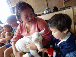 Miaomiao and Max cuddling a lamb at the Texel Sheep Farm at Den Burg