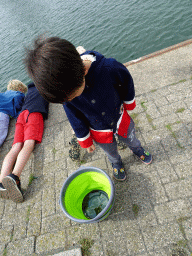 Max looking at a bucket with crabs at the harbour of Oudeschild