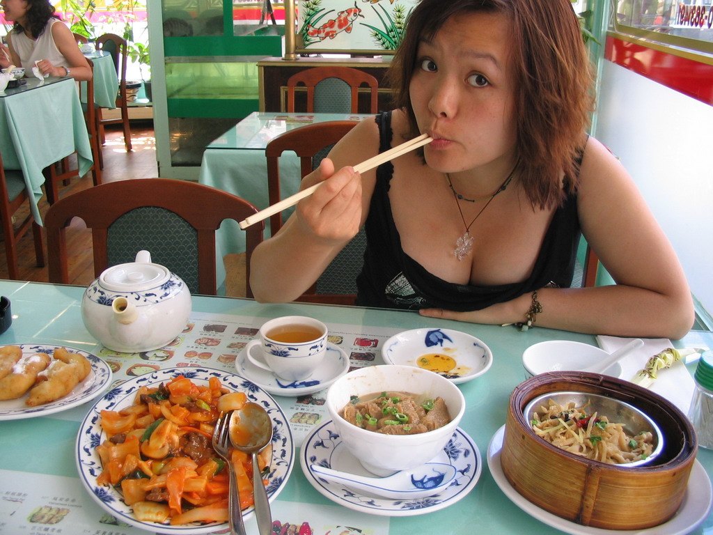 Miaomiao having lunch at the Harvest restaurant