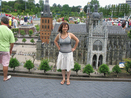 Miaomiao with a scale model of the St. John`s Cathedral of Den Bosch at the Madurodam miniature park