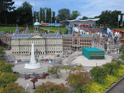Scale model of the Dam square of Amsterdam with the Nationaal Monument, the Royal Palace Amsterdam, the Magna Plaza shopping mall and the Nieuwe Kerk church, under construction, at the Madurodam miniature park