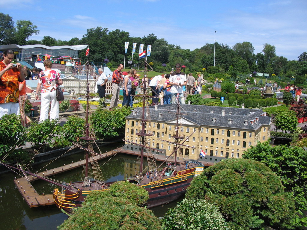 Scale model of the Scheepvaartmuseum of Amsterdam and the ship `Amsterdam` at the Madurodam miniature park