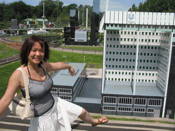 Miaomiao with a scale model of the Unilever building of Rotterdam at the Madurodam miniature park