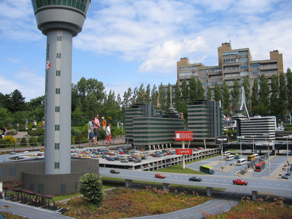 Scale models of the air traffic control tower of Schiphol Airport and other buildings at the Madurodam miniature park