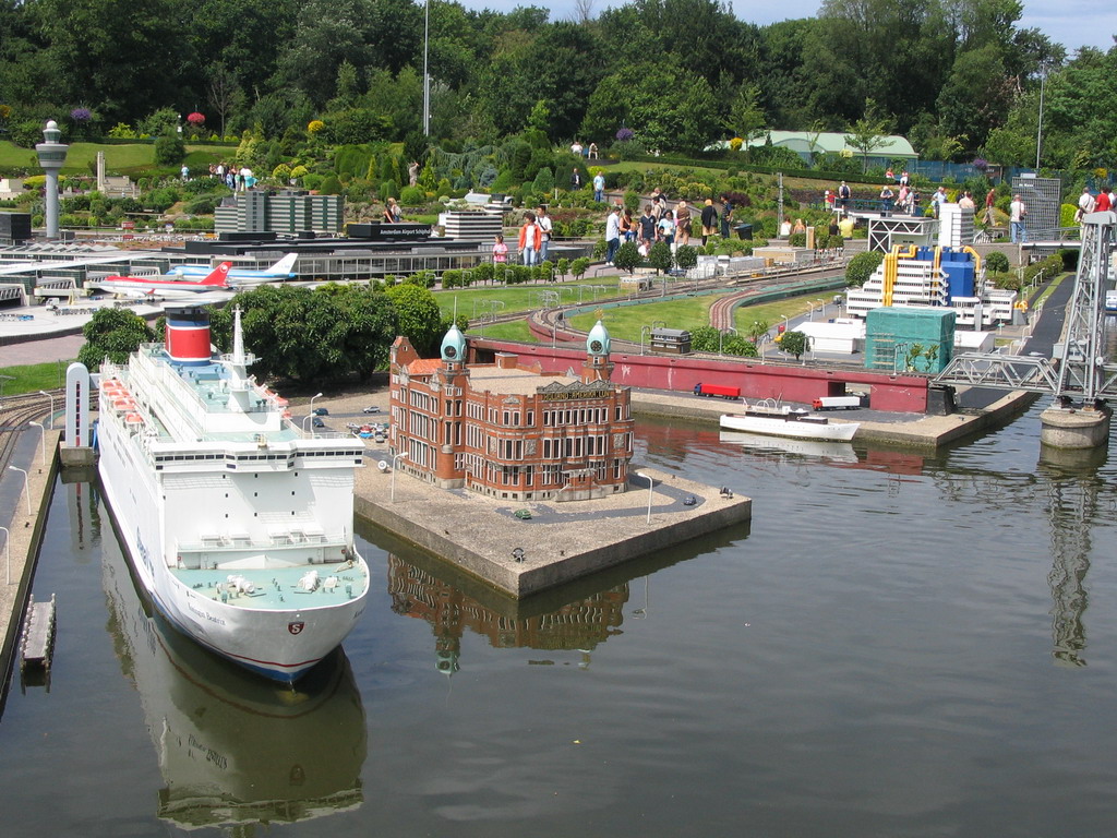 Scale model of the Rotterdam Harbour with Hotel New York and ships at the Madurodam miniature park
