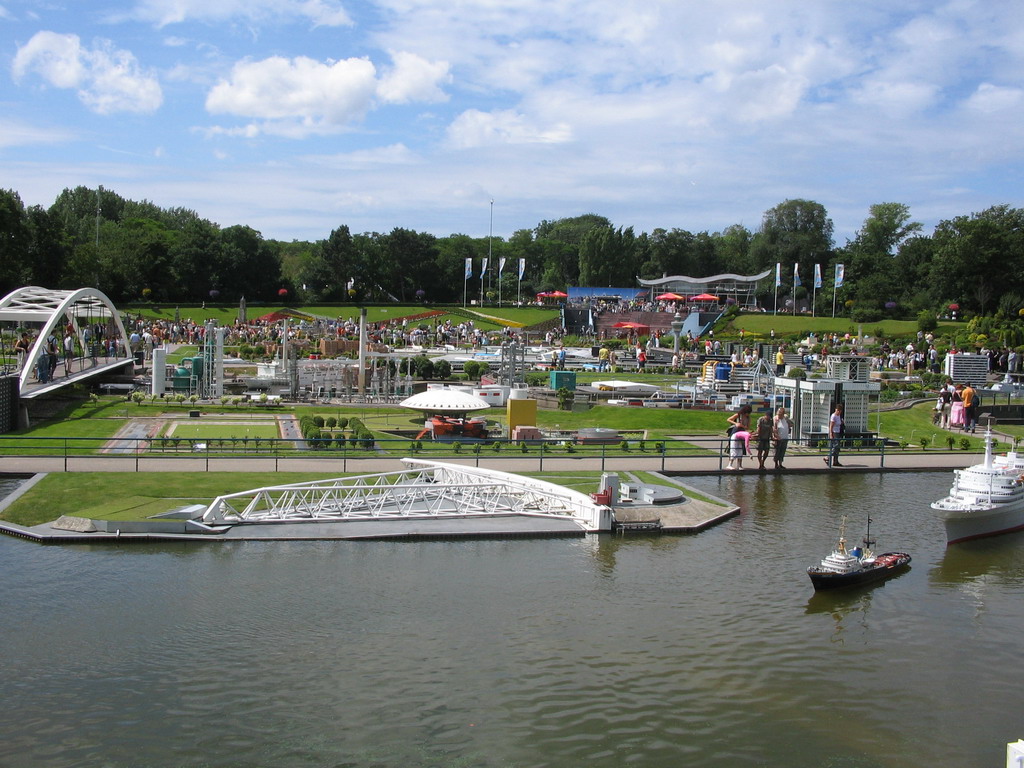 Scale models of the Maeslantkering storm surge barrier, the Evoluon building of Eindhoven and other buildings at the Madurodam miniature park