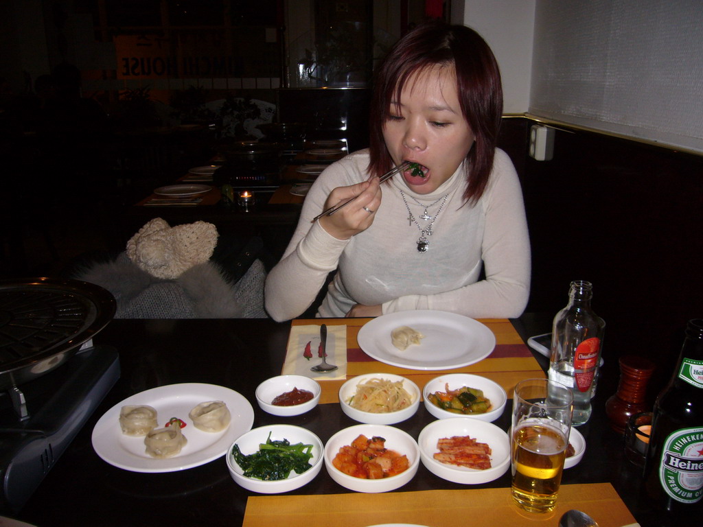 Miaomiao at dinner at the Korean restaurant Kimchi House