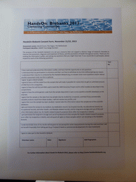 Informed consent form at the HandsOn: Biobanks 2013 conference at the World Forum conference center