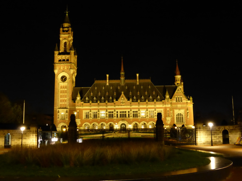 The Peace Palace at the Carnegieplein square, by night