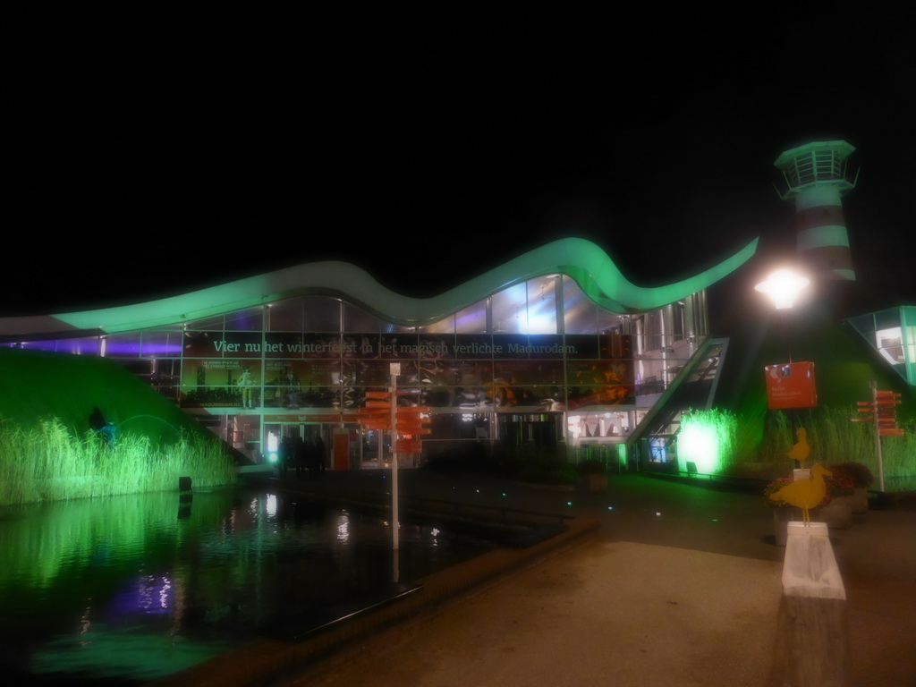 Main entrance of the Madurodam miniature park at the George Maduroplein square, by night